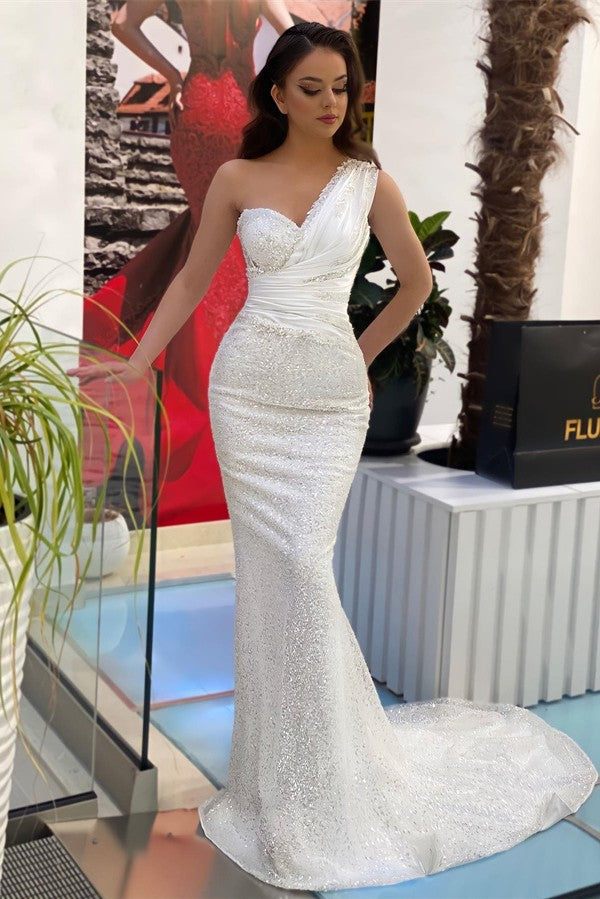 White Mermaid Prom Dress One Shoulder Sleeveless Long - Fashionpara