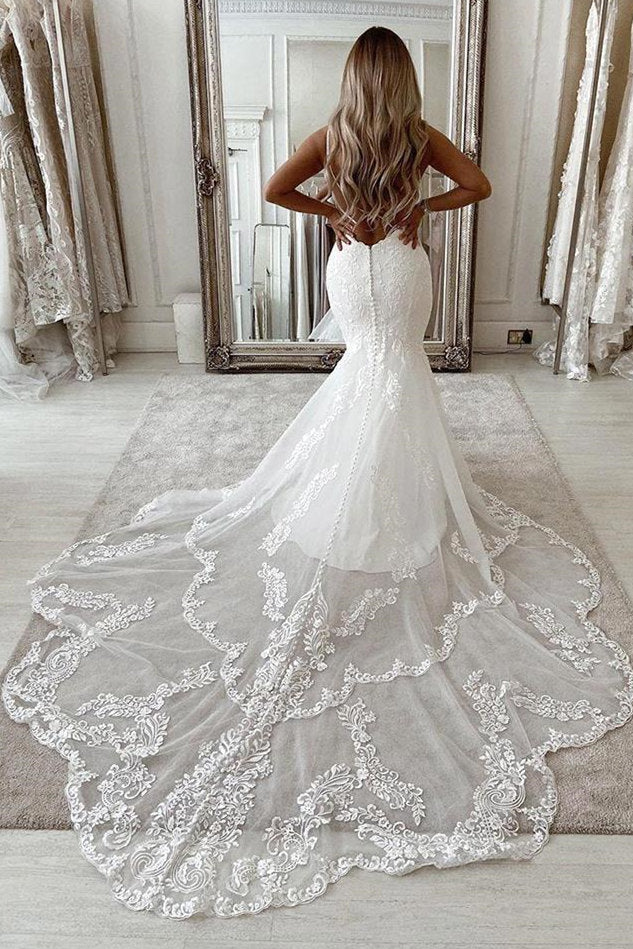 White Mermaid Wedding Dress Lace Backless - Fashionpara