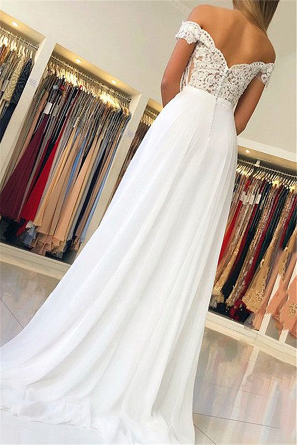 White Off-the-Shoulder Prom Dress Long Chiffon Party Gowns With Appliques - Fashionpara