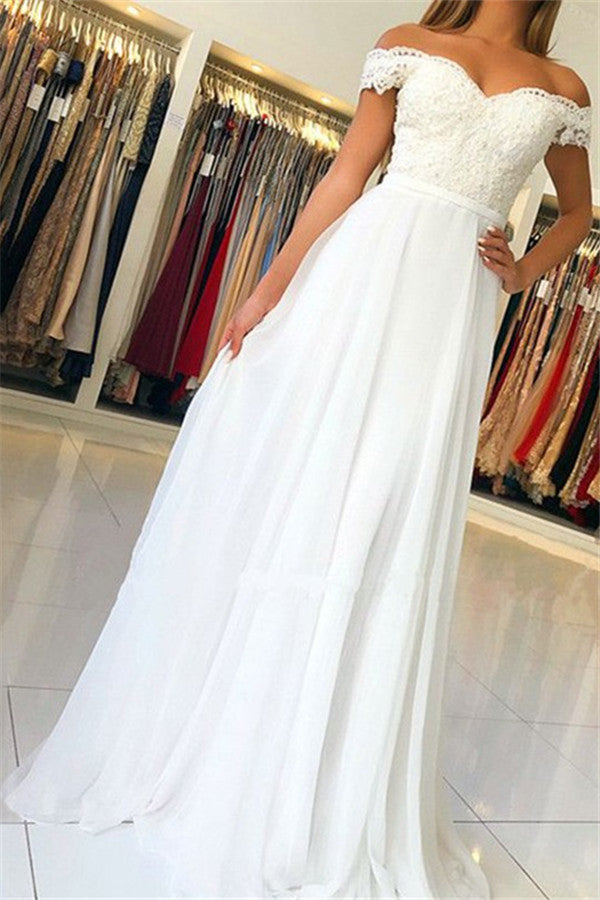 White Off-the-Shoulder Prom Dress Long Chiffon Party Gowns With Appliques - Fashionpara