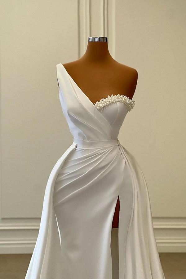 White One Shoulder Prom Dress Mermaid Long Split - Fashionpara