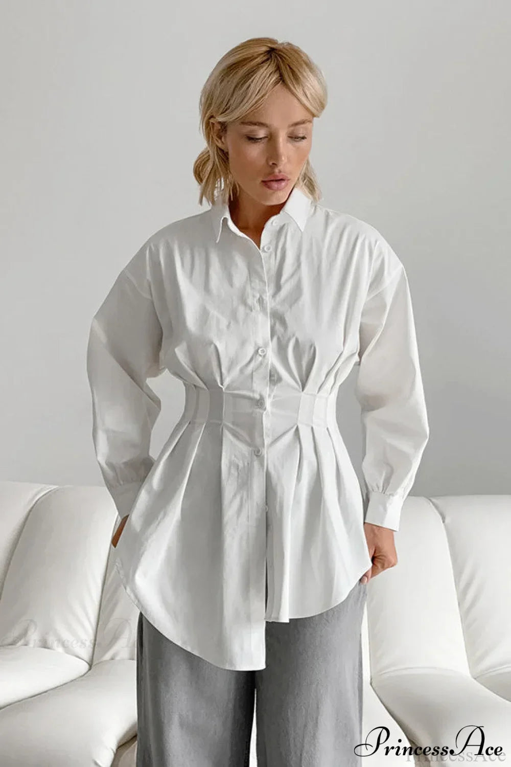 White Pleated Waist Slim Blouse