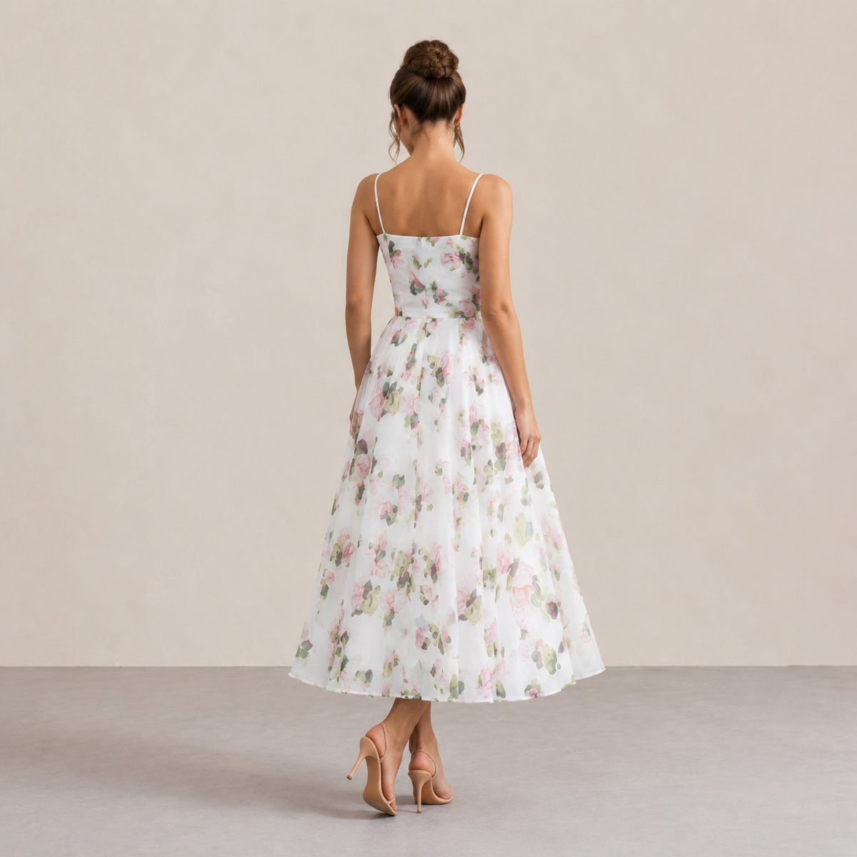 Rose Floral Straight Neck Cut Out A-Line Midi Dress 9