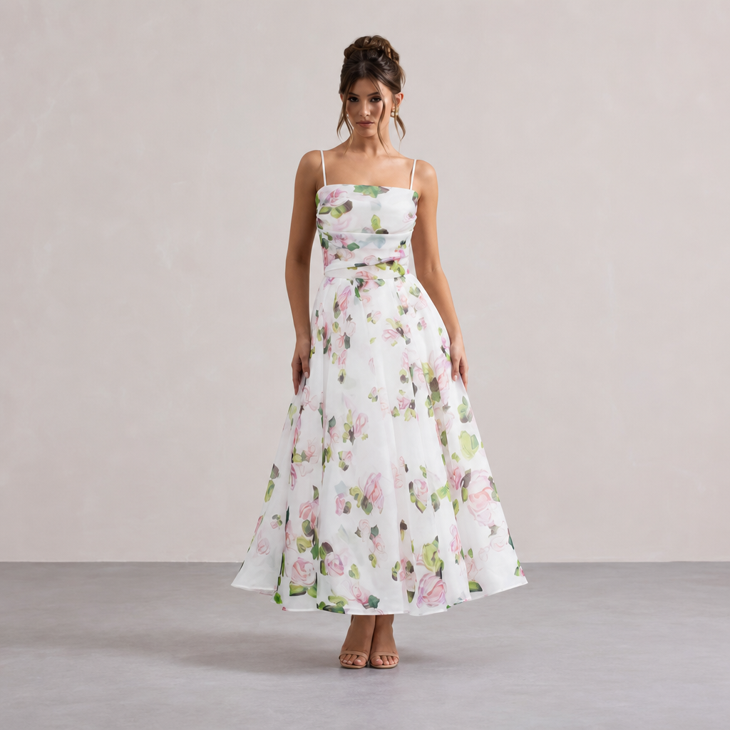 Rose Floral Straight Neck Cut Out A-Line Midi Dress 7