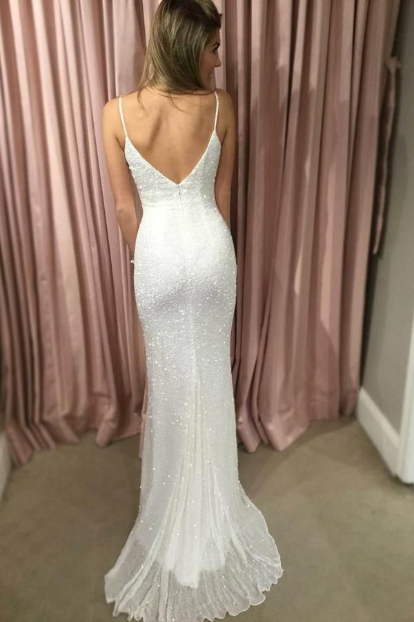 White Sequins Mermaid Prom Dress With Spaghetti-Straps - Fashionpara