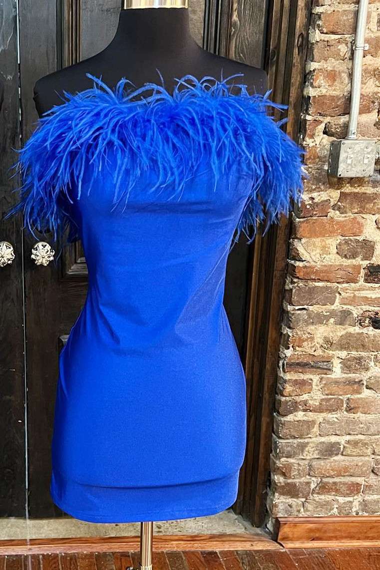 White Strapless Feathered Bodycon Short Party Dress - Fashionpara