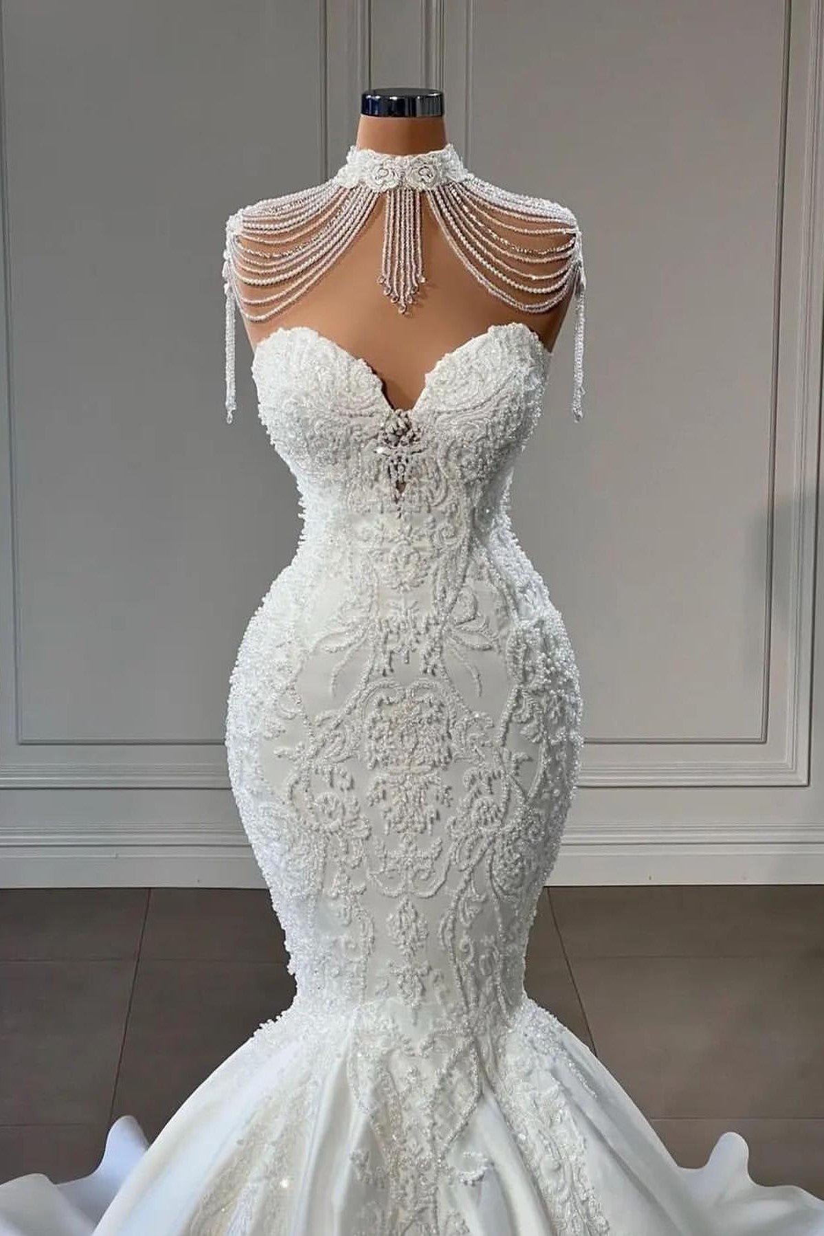 White Sweetheart Wedding Dress Mermaid Lace Long - Fashionpara