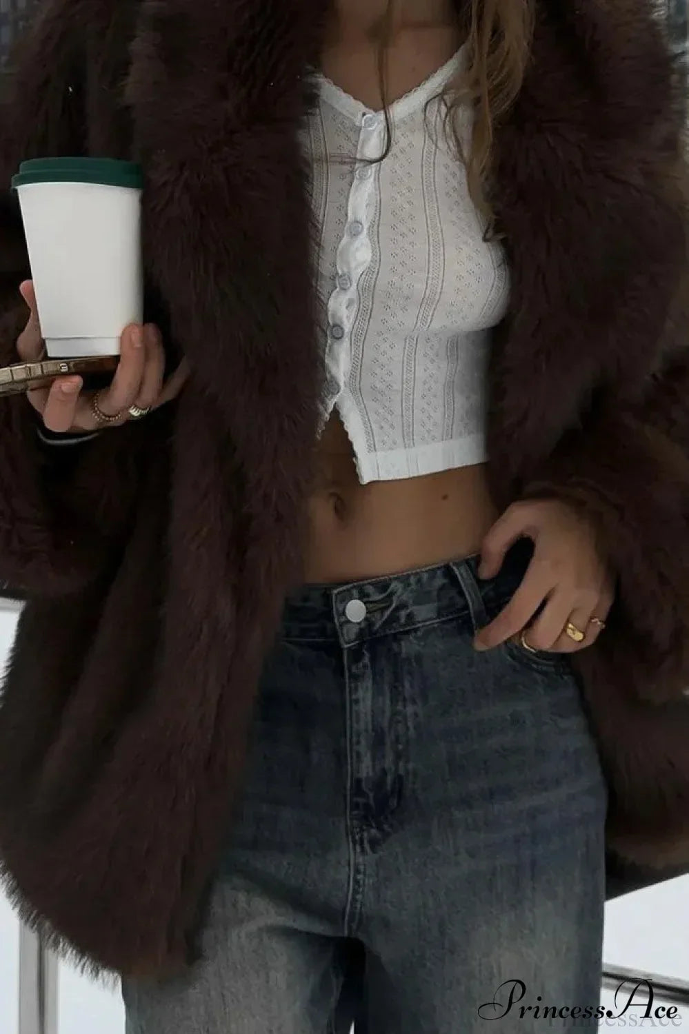 White Tip-Dyed Faux Fox Fur Mid-Length Coat