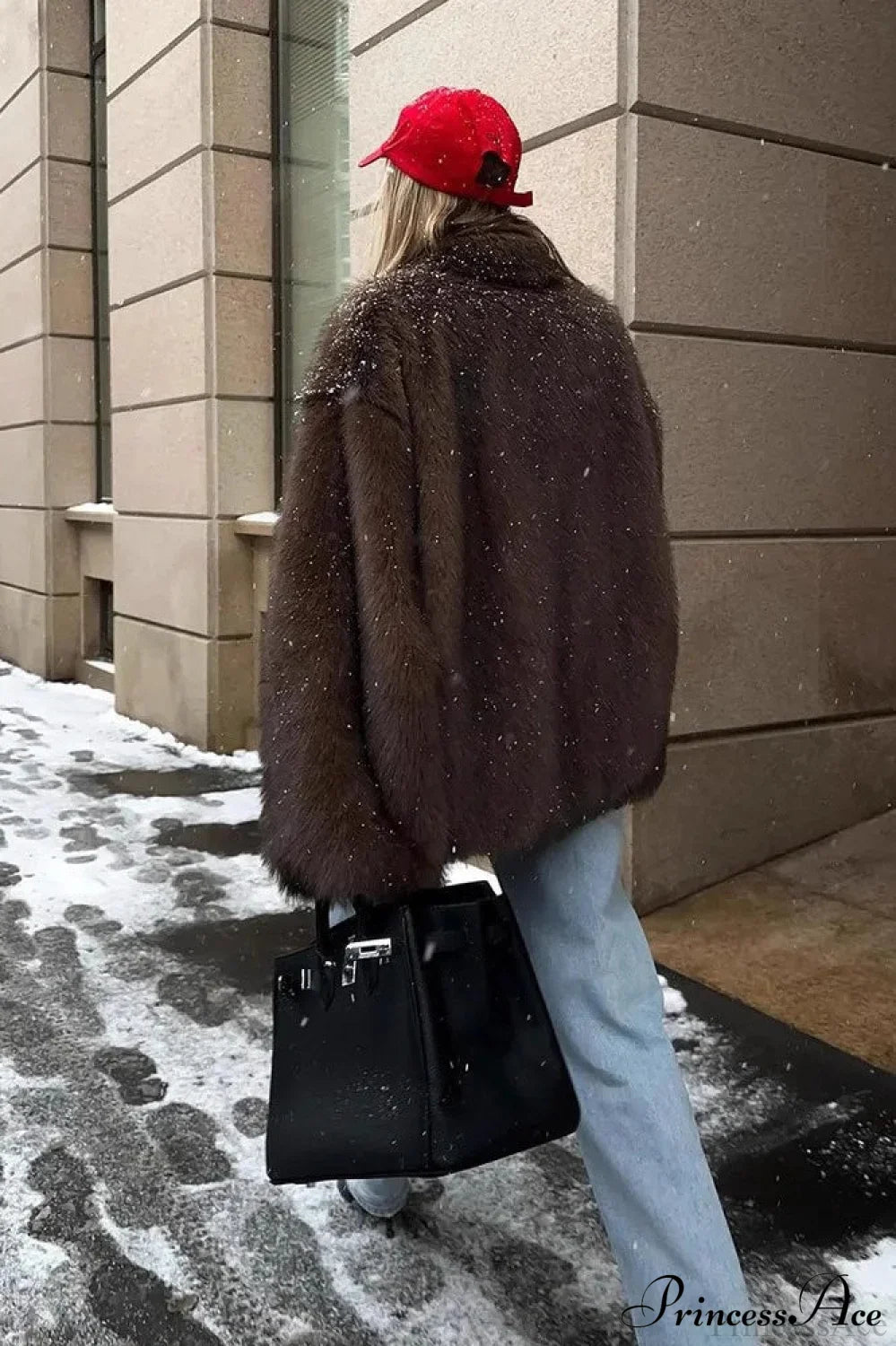 White Tip-Dyed Faux Fox Fur Mid-Length Elegant Coat