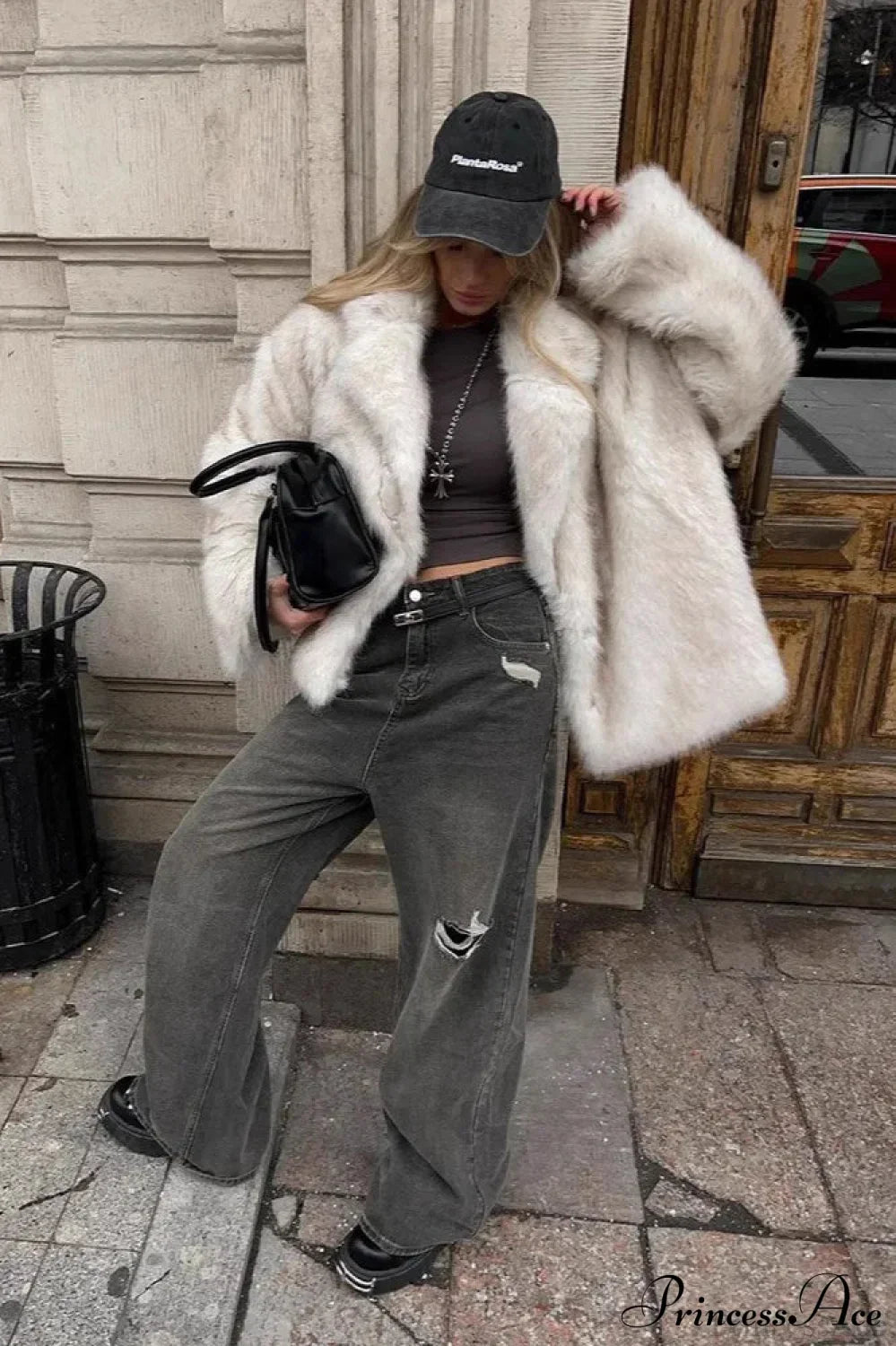 White Tip-Dyed Faux Fox Fur Mid-Length Coat