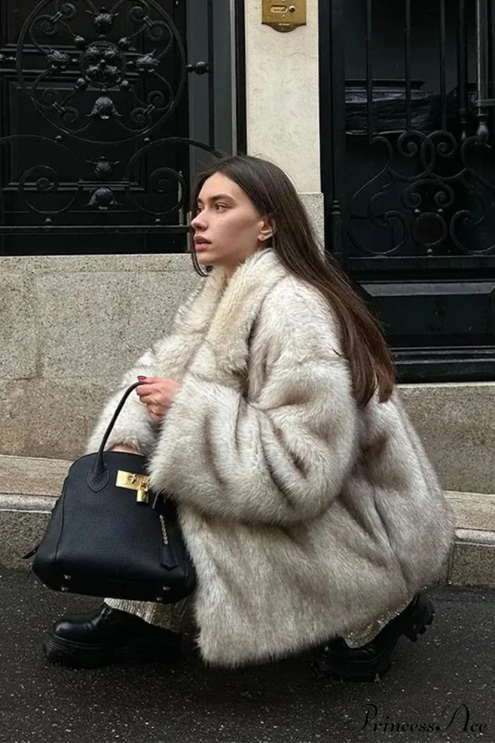 White Tip-Dyed Faux Fox Fur Mid-Length Elegant Coat