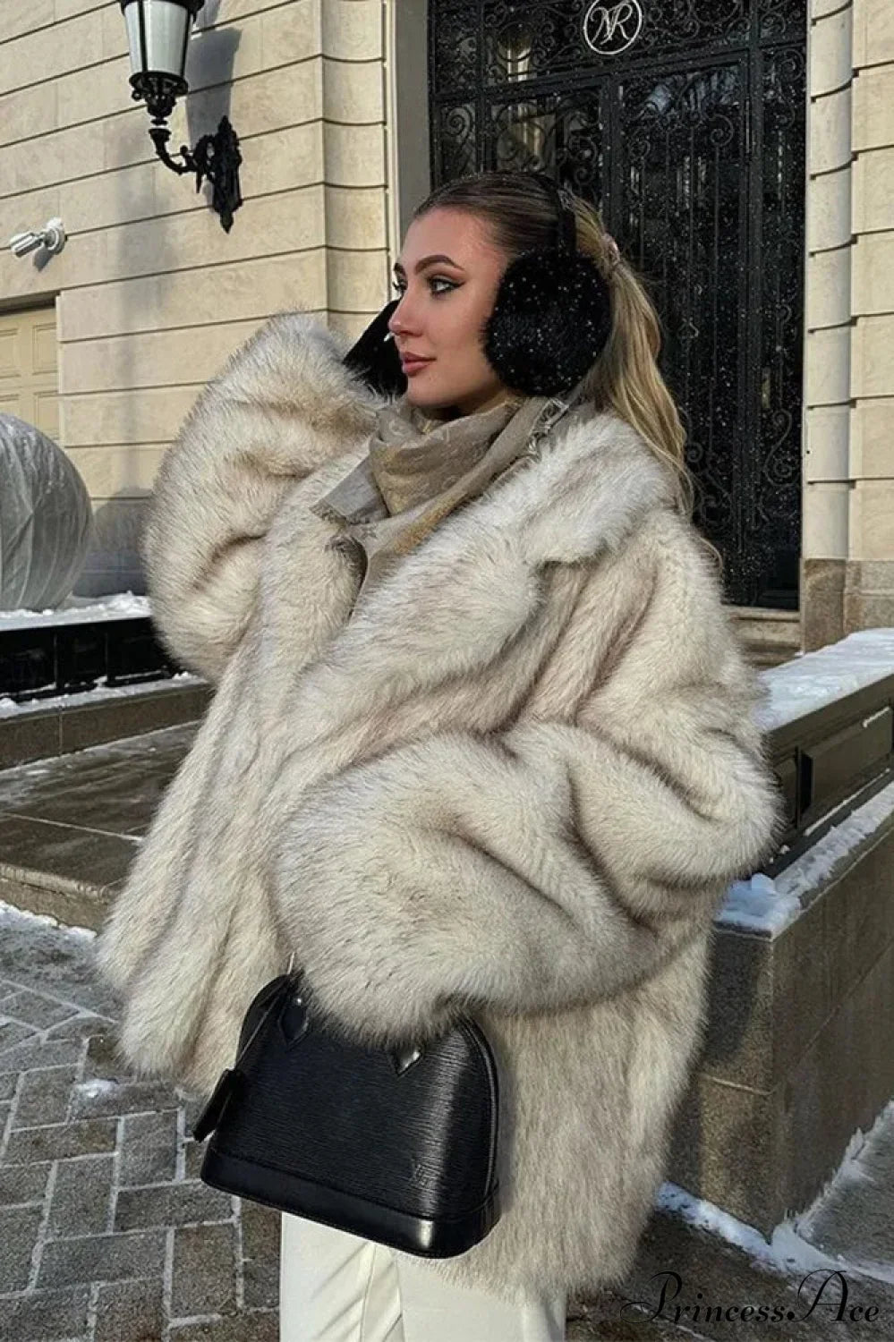 White Tip-Dyed Faux Fox Fur Mid-Length Elegant Coat