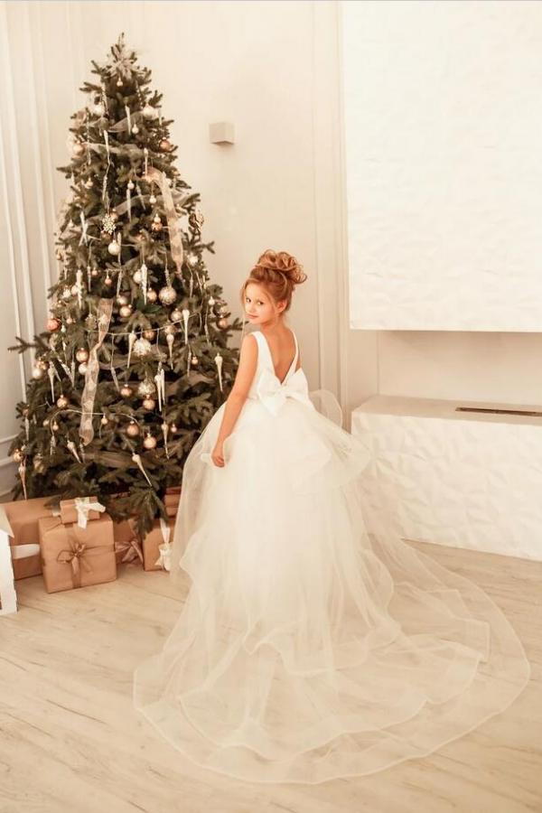 White Tulle Glitter Flower Girl Dress With Bowknot Back - Fashionpara