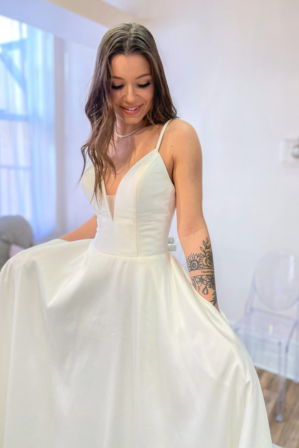White Wedding Dress Satin Sleeveless Long Satin - Fashionpara