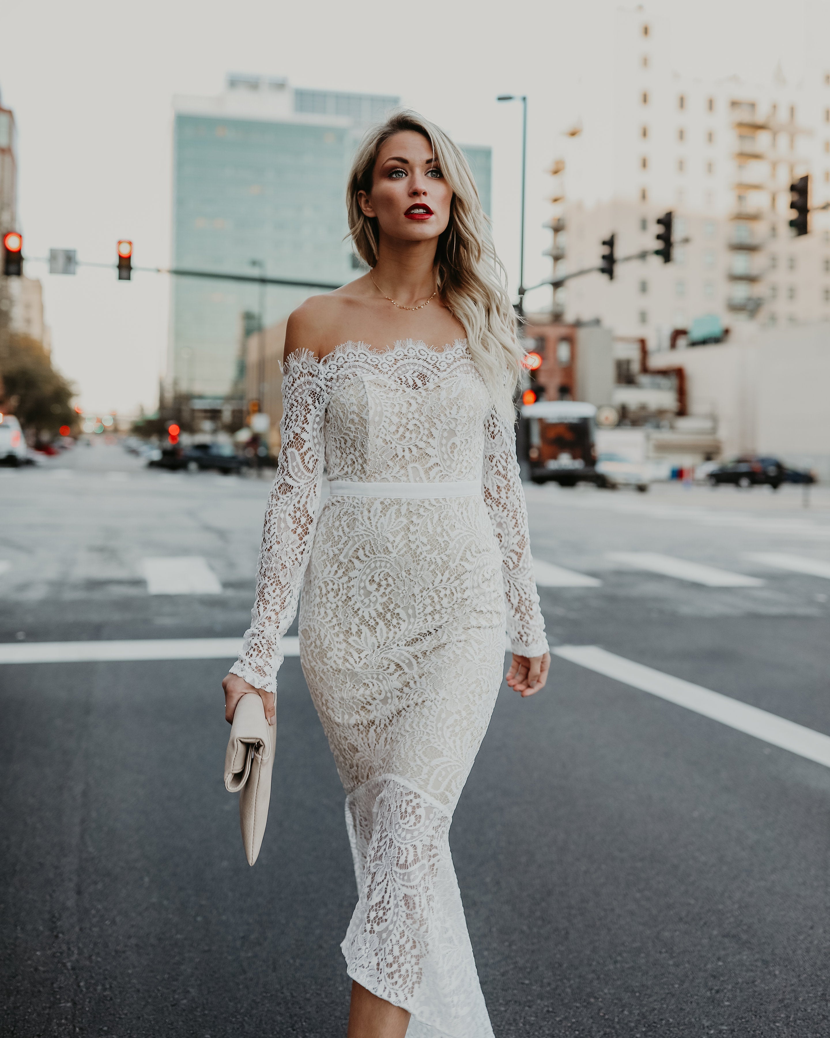 Elegance Lace Trumpet Dress - White - Fashionpara