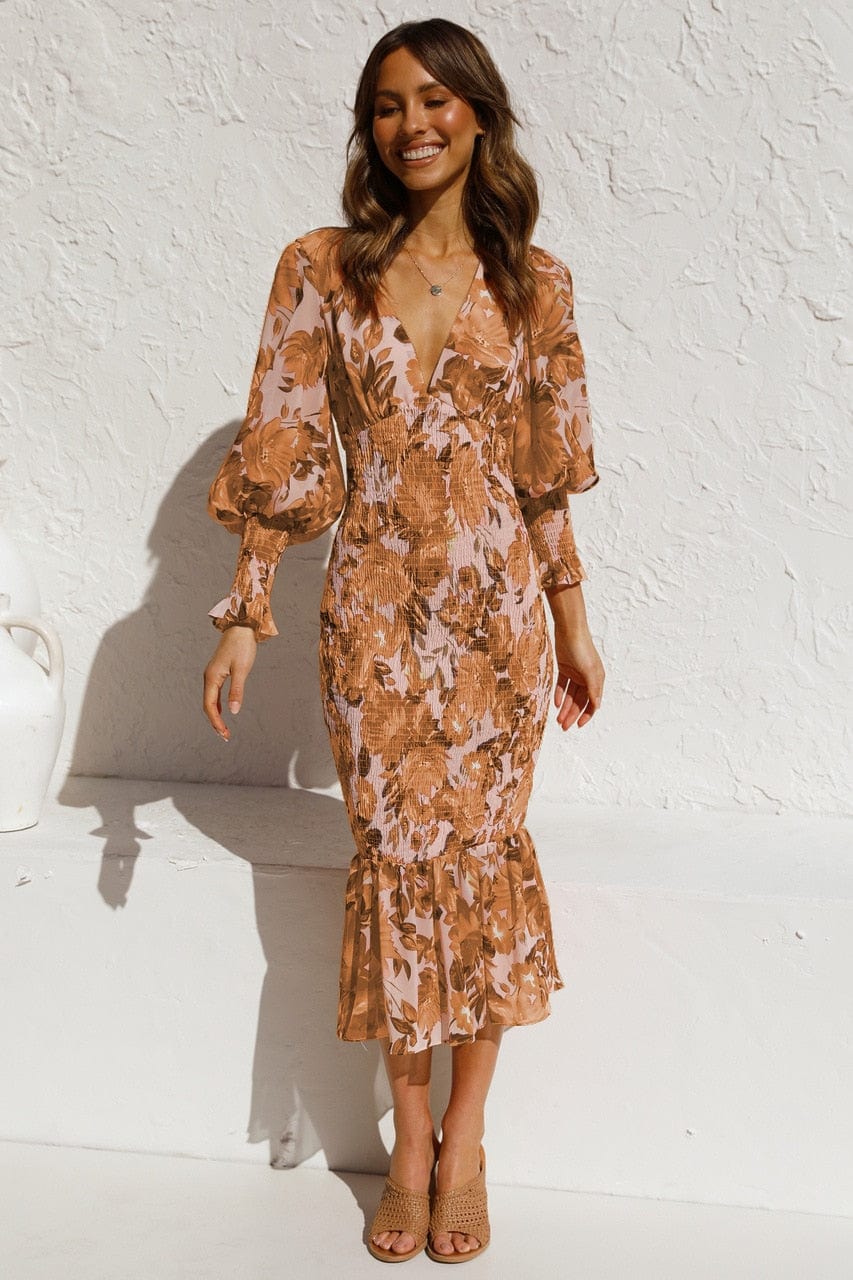 Floral V-Neck Long Puff Sleeve Smocked Bodycon Ruffle Hem Midi Dress