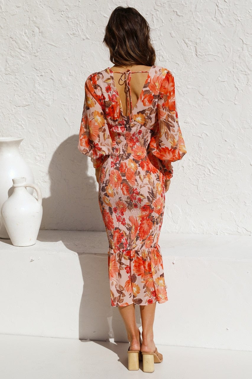 Floral V-Neck Long Puff Sleeve Smocked Bodycon Ruffle Hem Midi Dress - View 2