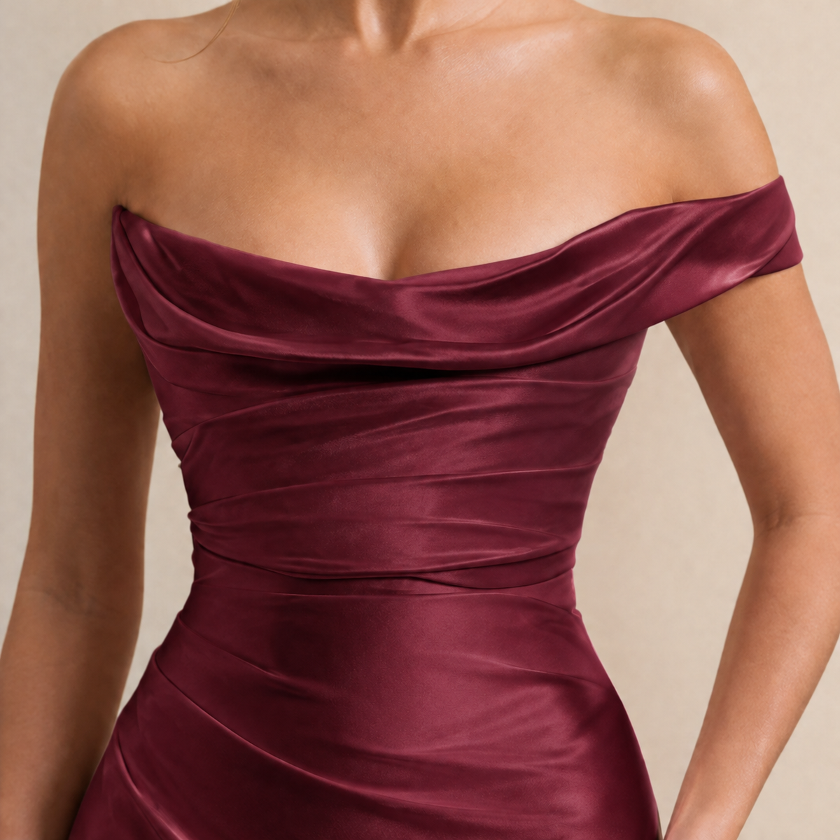 Off Shoulder Ruched Satin Fishtail Maxi Gown 2