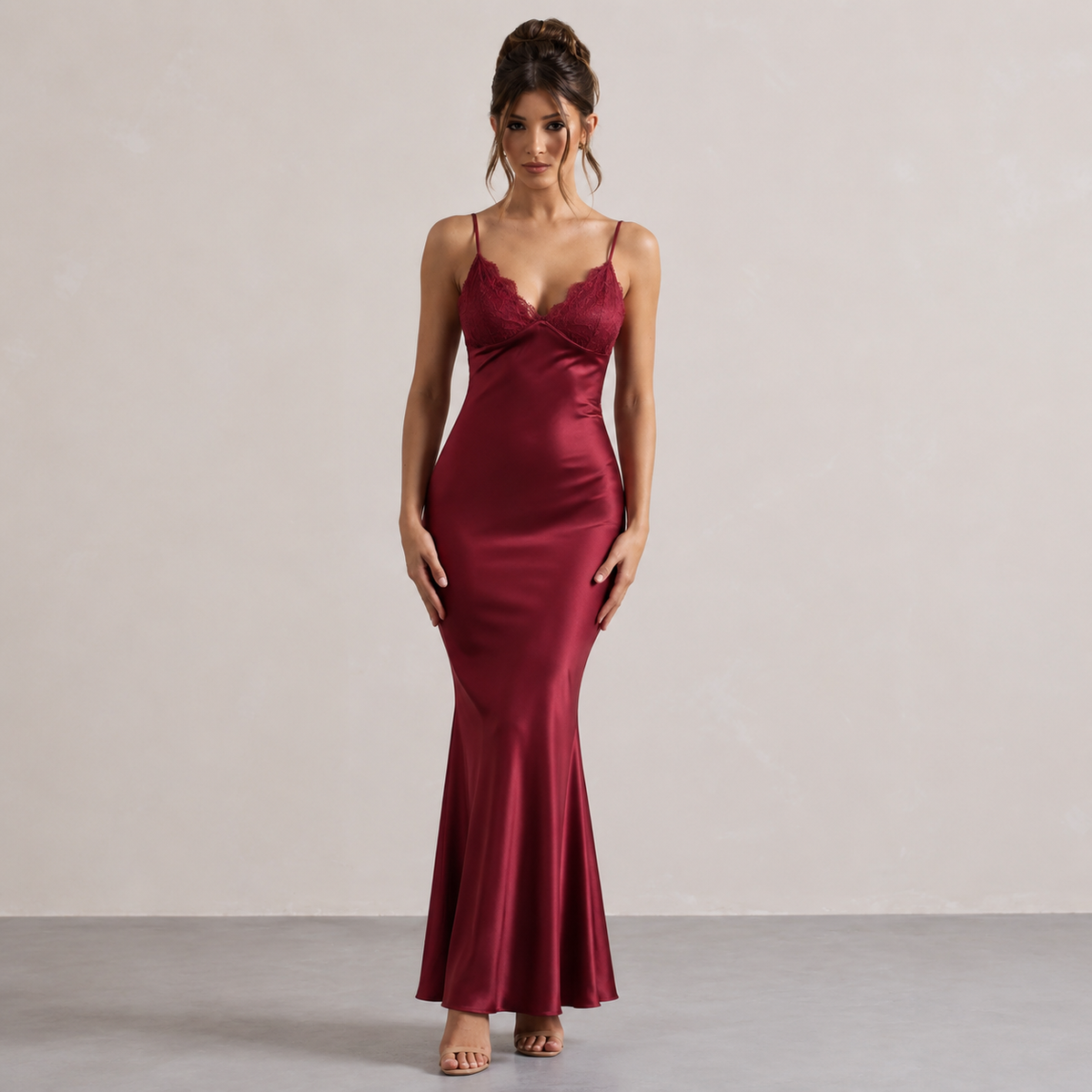 Lace Trim V-Neck Strappy Satin Slip Midi Dress 9