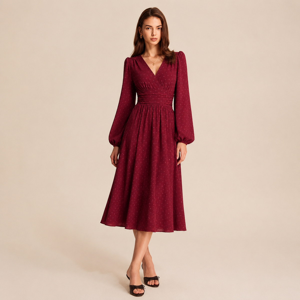 Polka Dot V-Neck Long Sleeve High Low Midi Dress 4