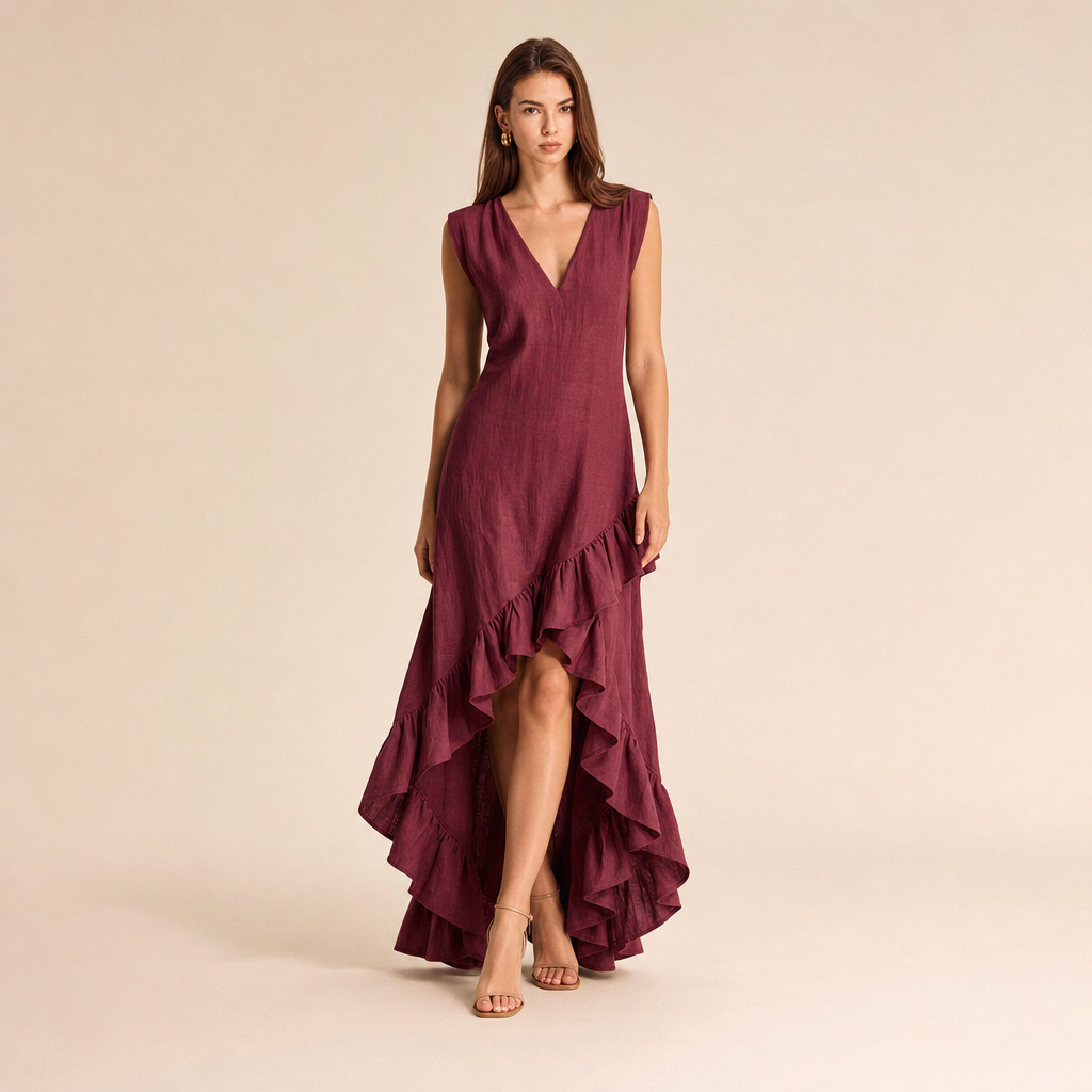 Linen Look V-Neck Ruffle High Low Midi Dress 13