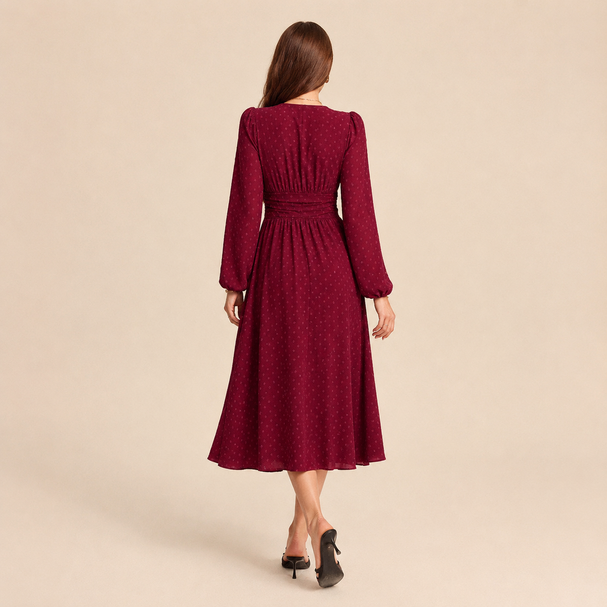 Polka Dot V-Neck Long Sleeve High Low Midi Dress 6