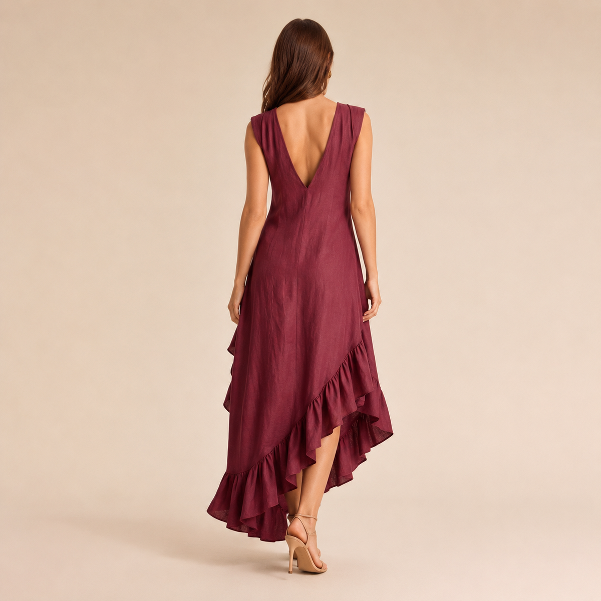 Linen Look V-Neck Ruffle High Low Midi Dress 15