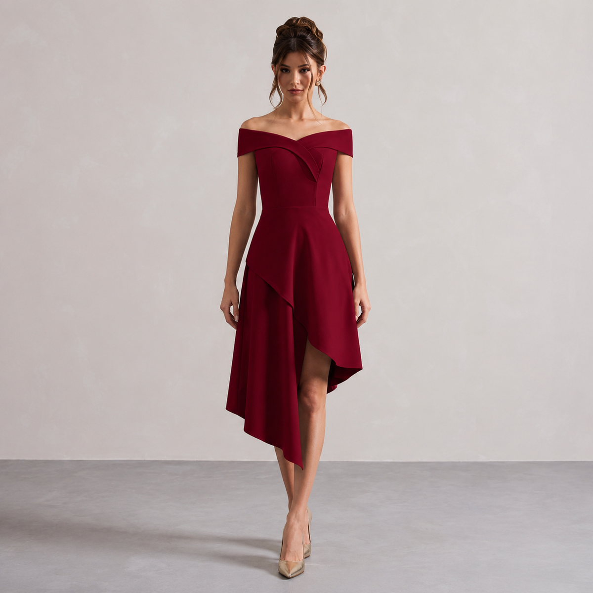 Off Shoulder High Low Asymmetric Midi Dress 10