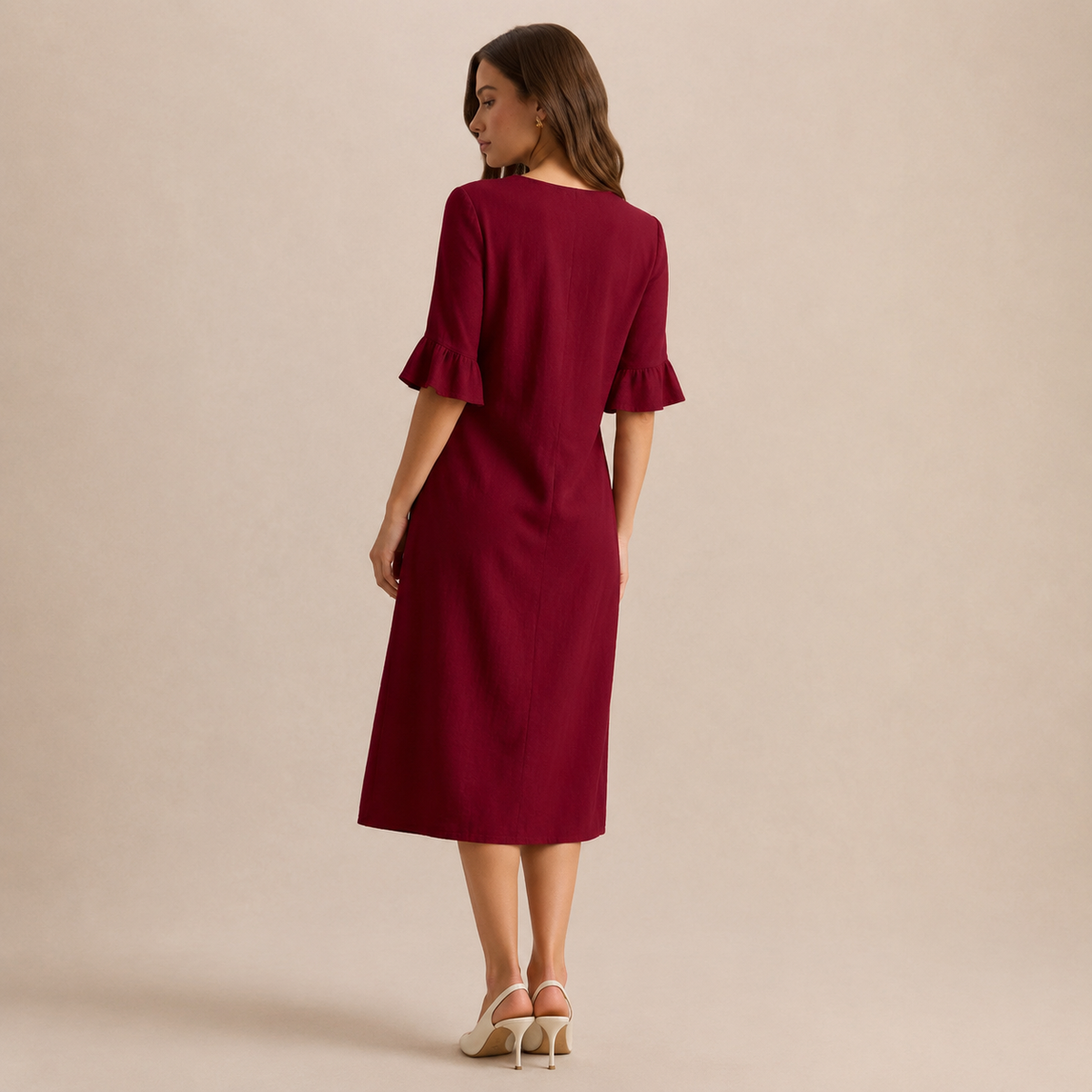 Notch Neck Wooden Button Front Pleated A-Line Midi Dress 9