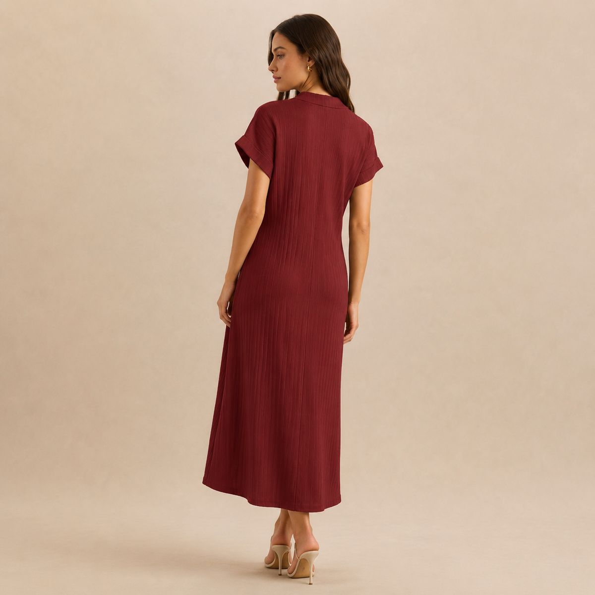 V-Neck Short Sleeve Button Front Ribbed Midi Shift Dress 9