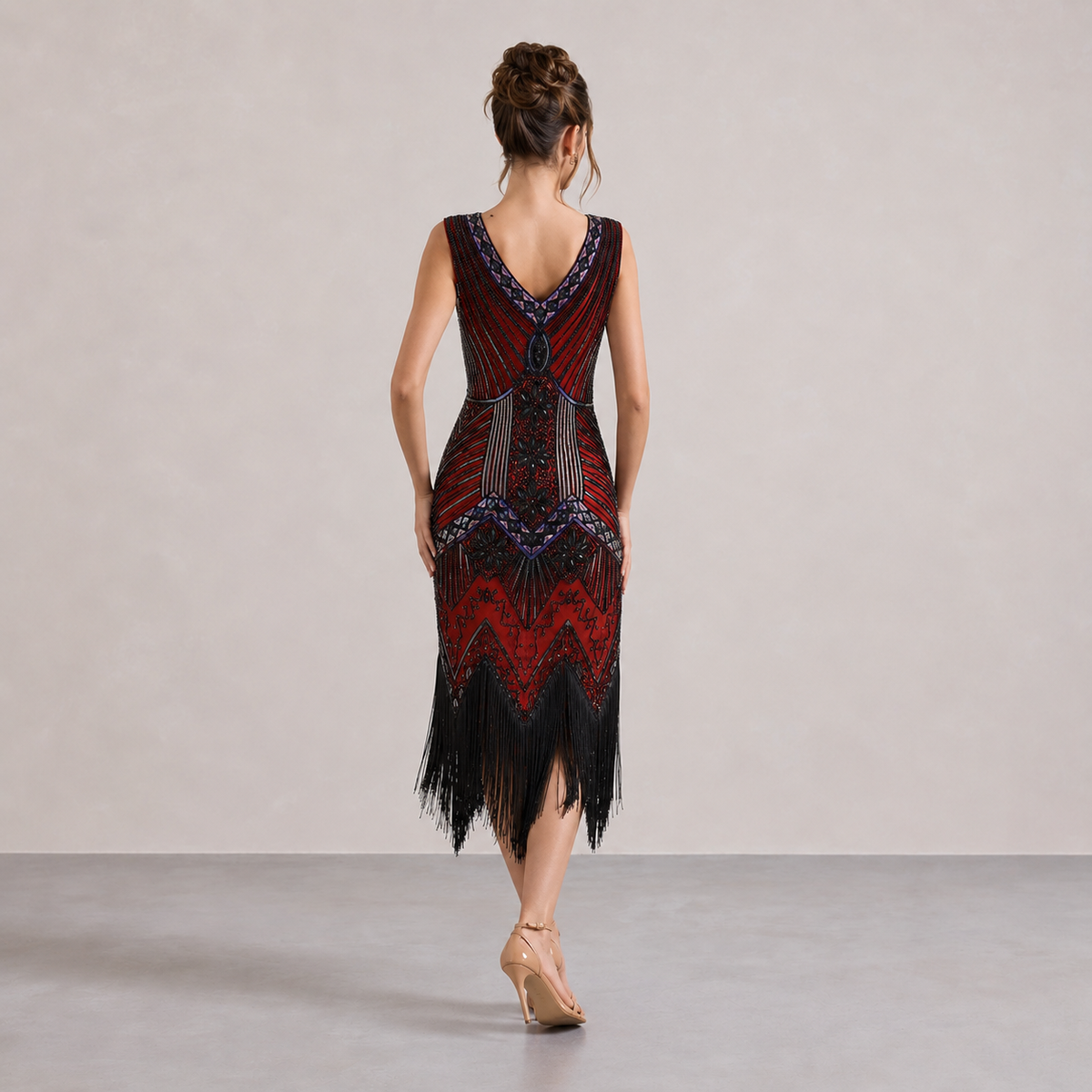 V-Neck Beaded Fringe Sleeveless Flapper Midi Dress 19
