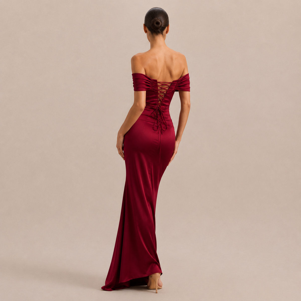 Off Shoulder Ruched Satin Mermaid Gown 3