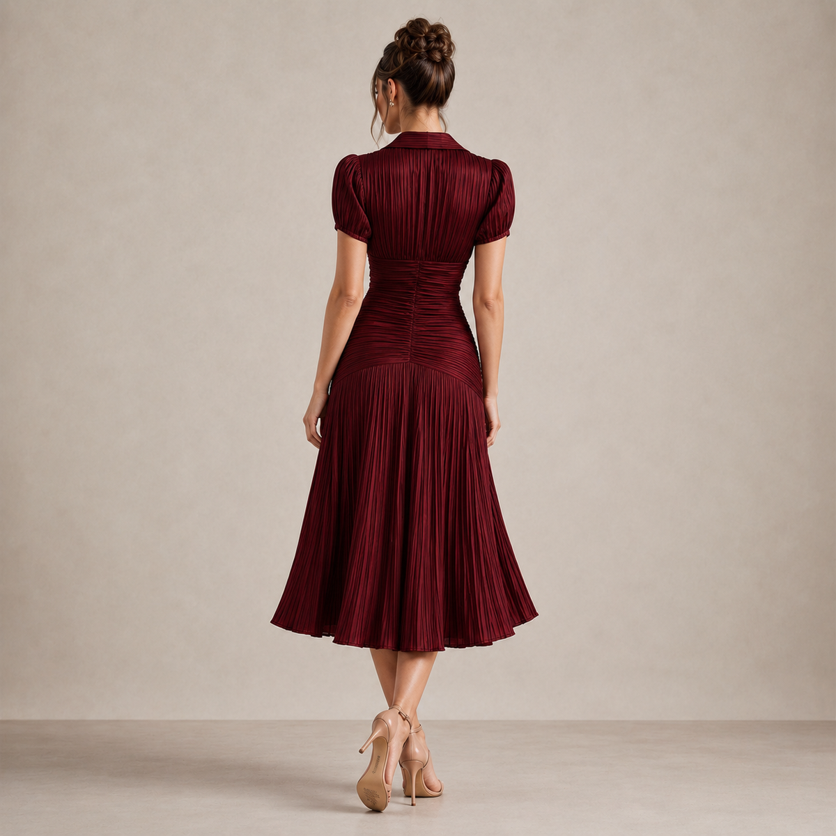 Striped Collared Puff Sleeve Pleated Fishtail Midi Dress 6