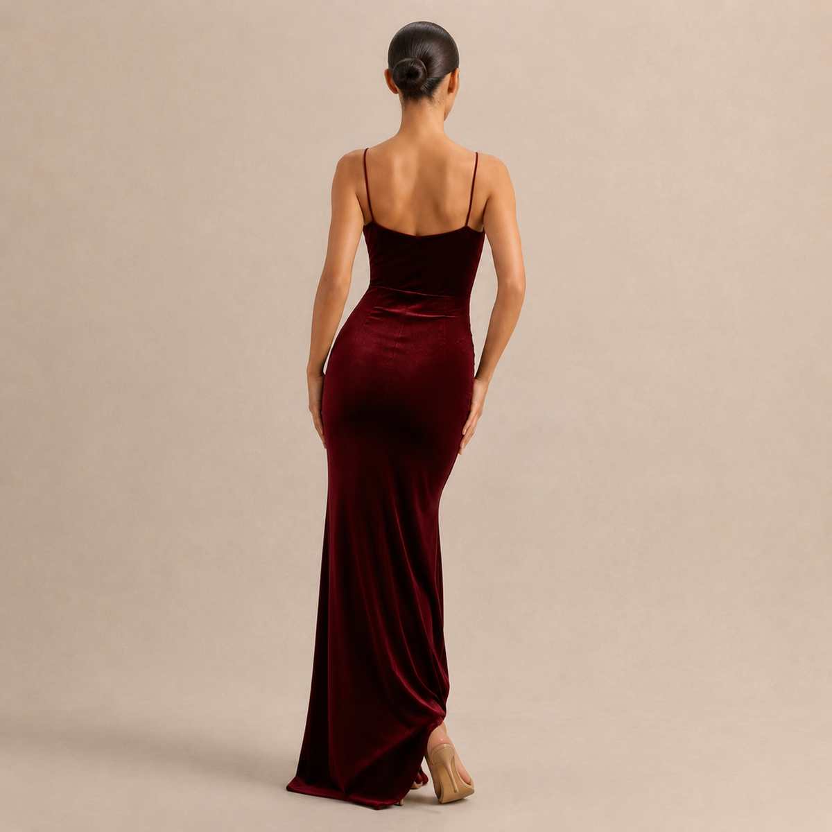 Velvet Cowl Neck Strappy High Split Fishtail Maxi Dress 6