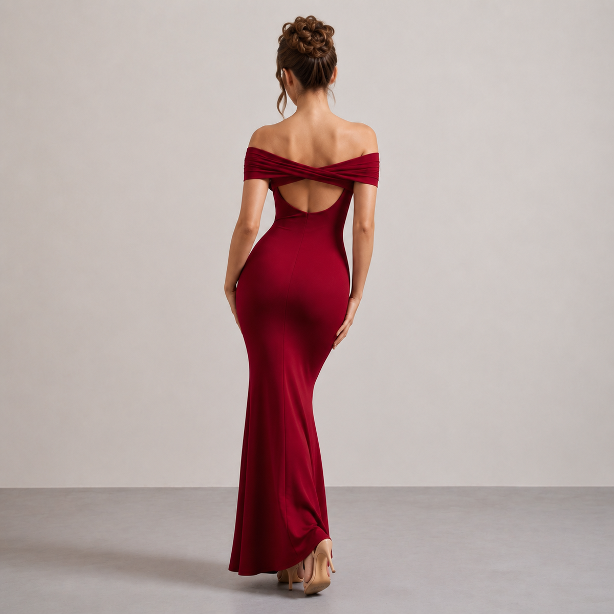 Off Shoulder Foldover Ruched Fishtail Maxi Dress 9