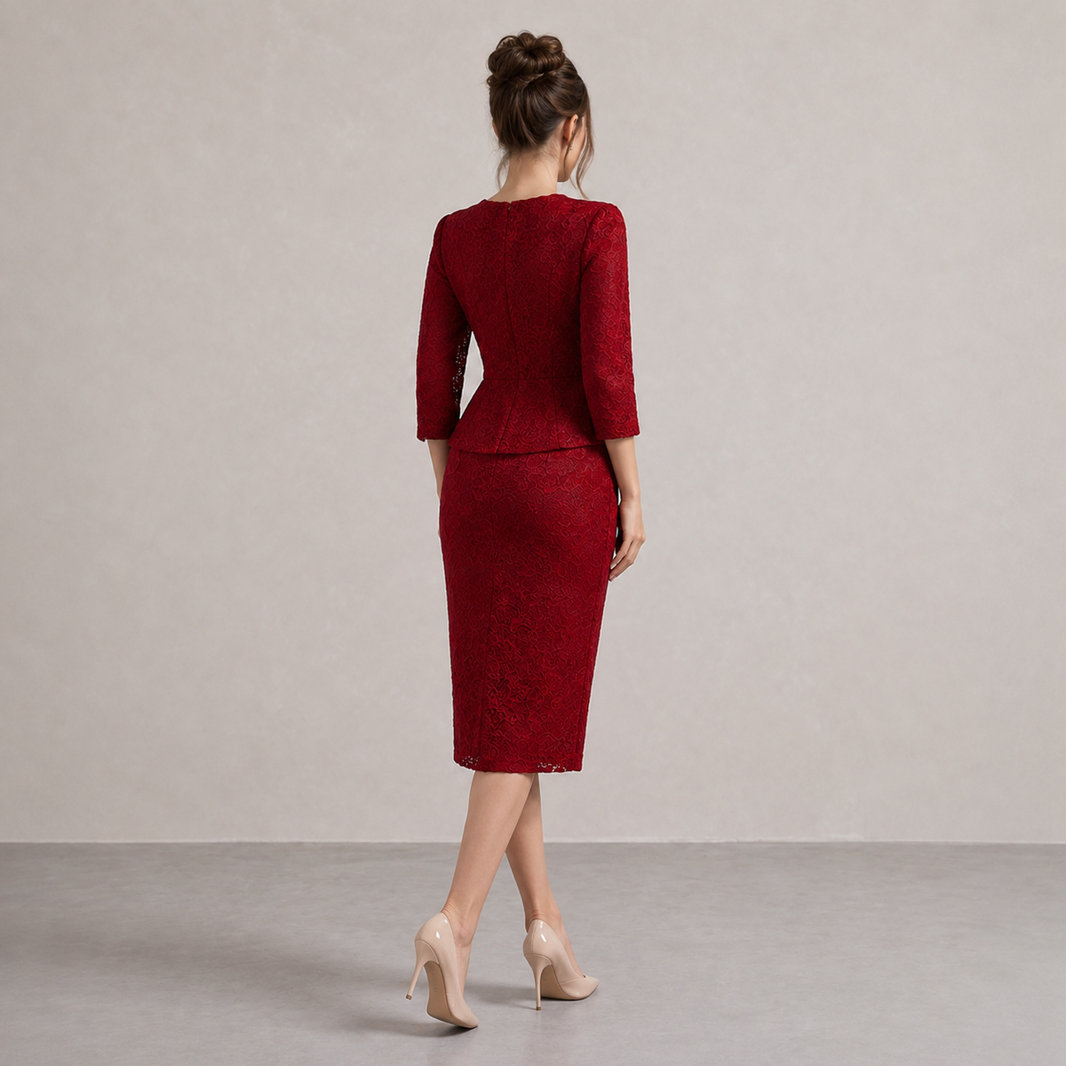 V-Neck Lace Peplum Floral Applique Midi Dress 9