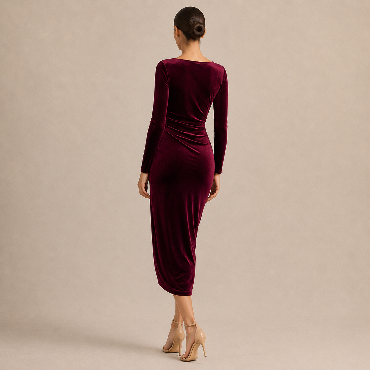 V-Neck Long Sleeve Ruched Velvet Wrap Midi Dress 15