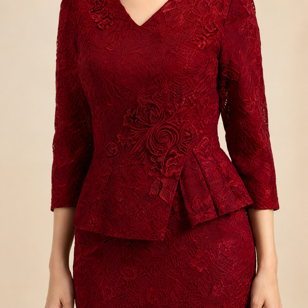 V-Neck Lace Peplum Floral Applique Midi Dress 8