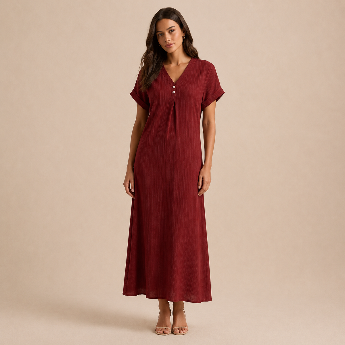 V-Neck Short Sleeve Button Front Ribbed Midi Shift Dress 7