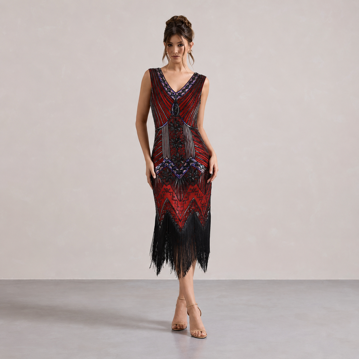 V-Neck Beaded Fringe Sleeveless Flapper Midi Dress 17