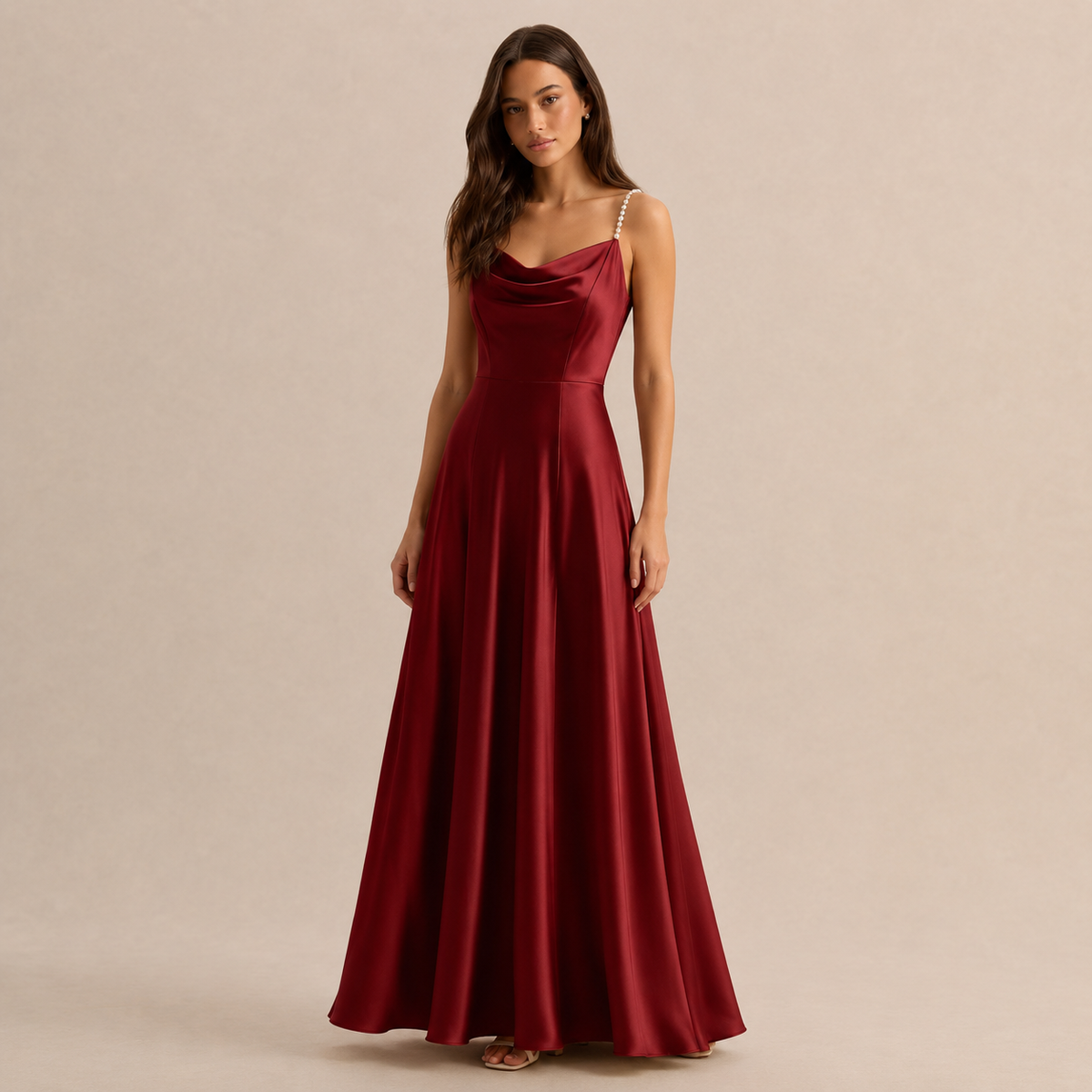 Cowl Neck Pearl Strap Satin Maxi Dress 5
