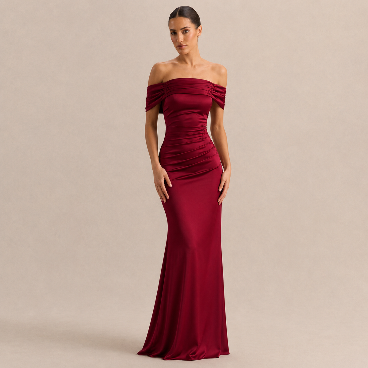 Off Shoulder Ruched Satin Mermaid Gown