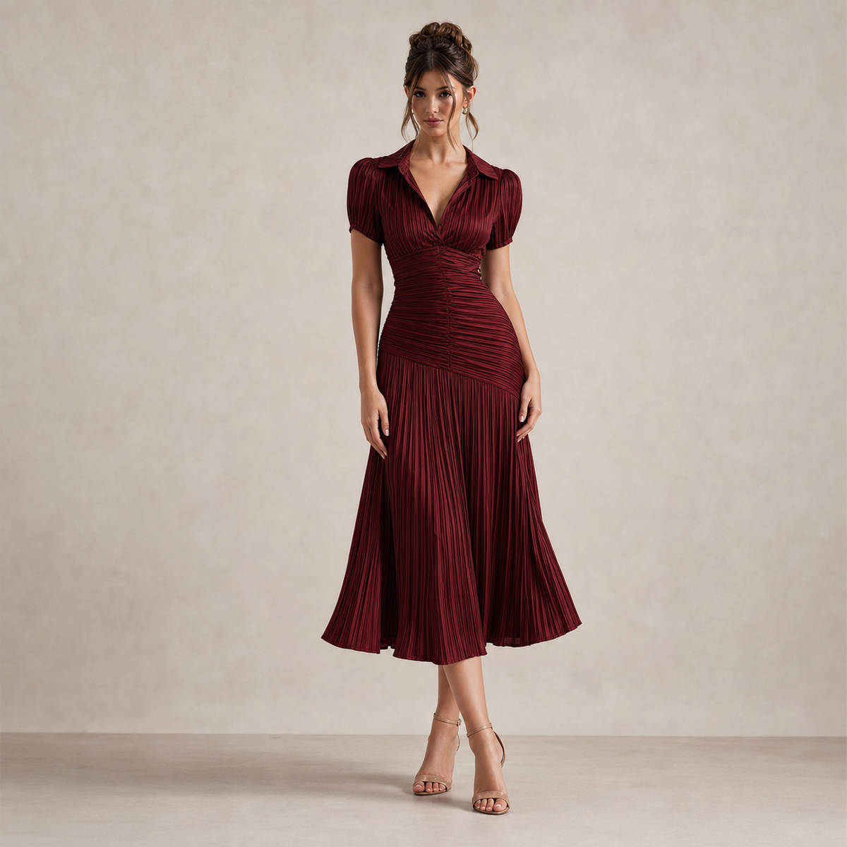 Striped Collared Puff Sleeve Pleated Fishtail Midi Dress 4