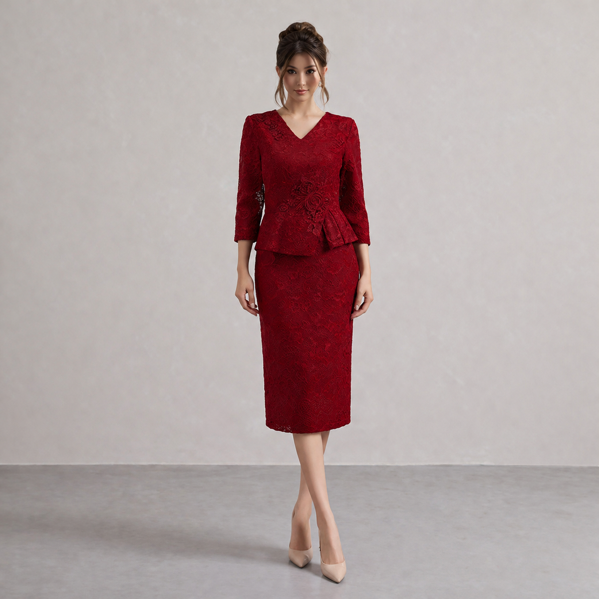 V-Neck Lace Peplum Floral Applique Midi Dress 7
