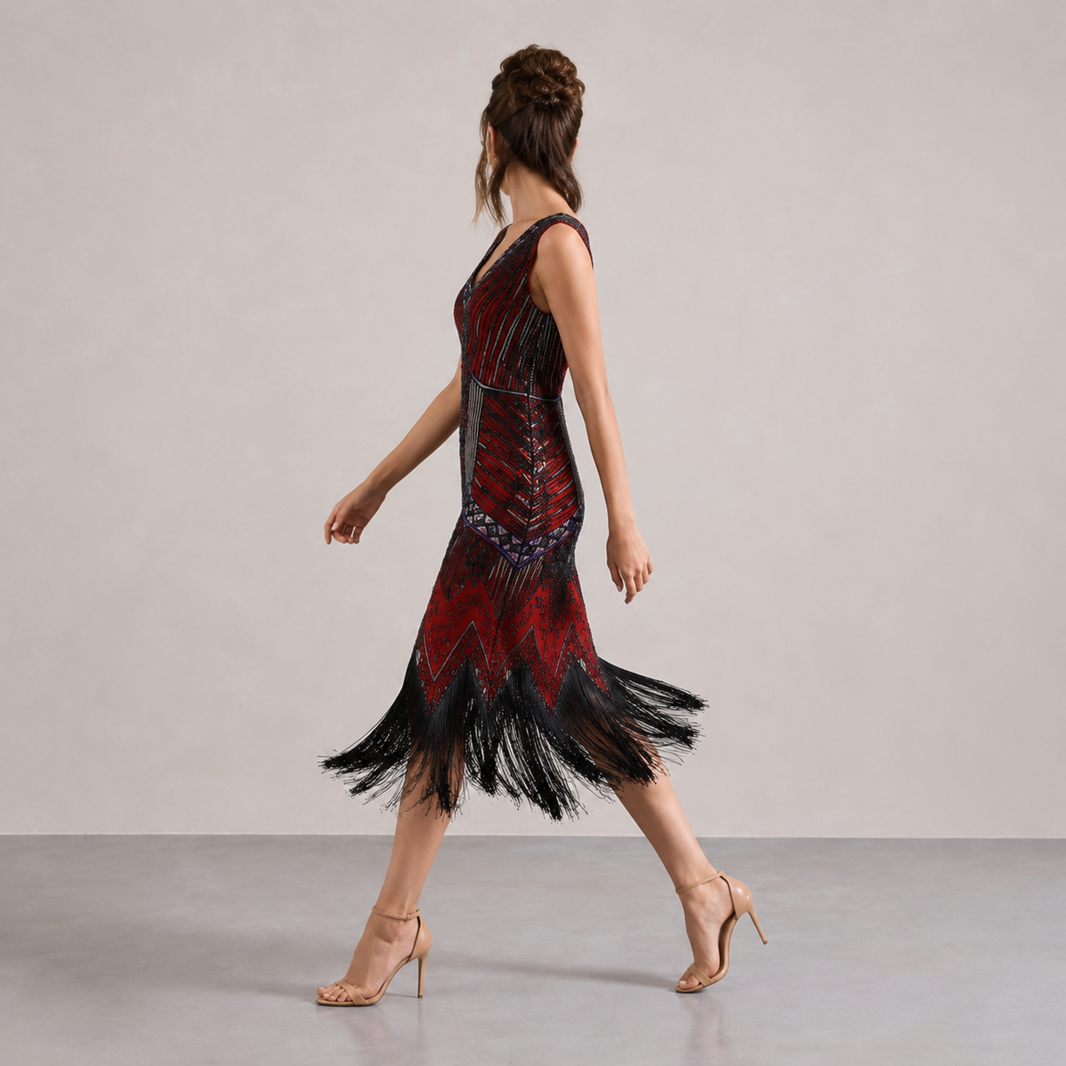V-Neck Beaded Fringe Sleeveless Flapper Midi Dress 20