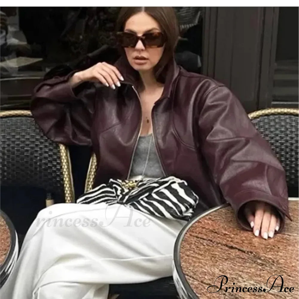 Wine Red PU Leather Coat