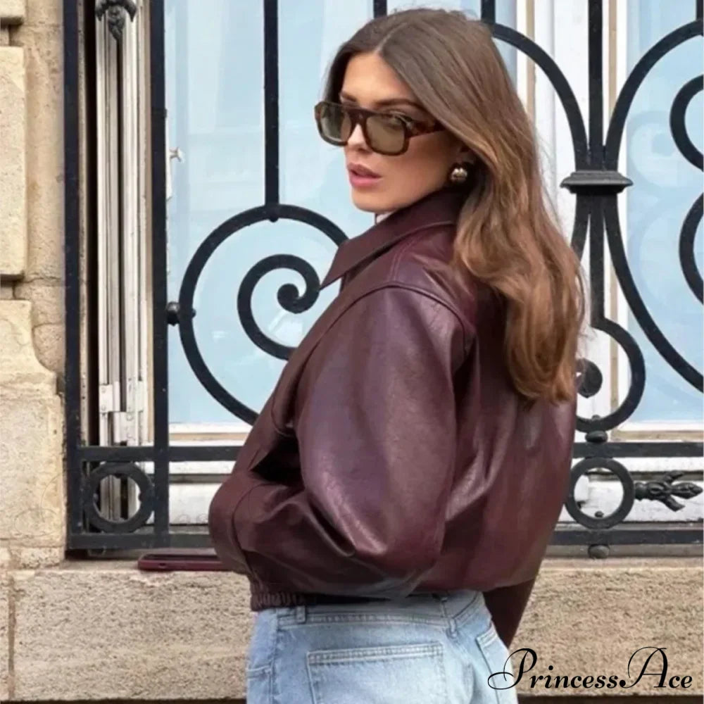 Wine Red PU Leather Coat