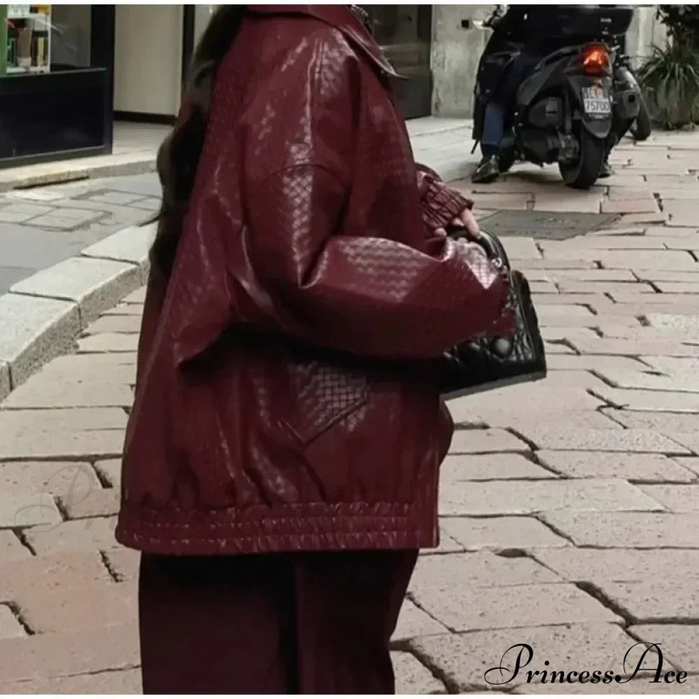 Wine Red PU Leather Zipper Coat