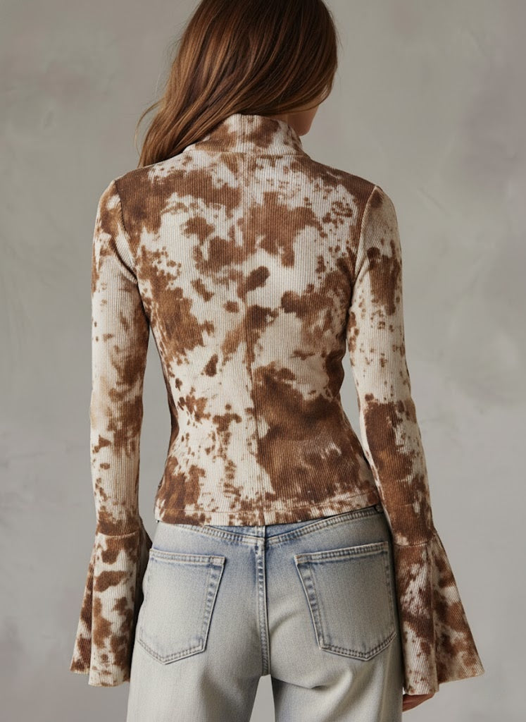 Leather-printed Bell-sleeve Ribbed Knit Shirt - Fashionpara