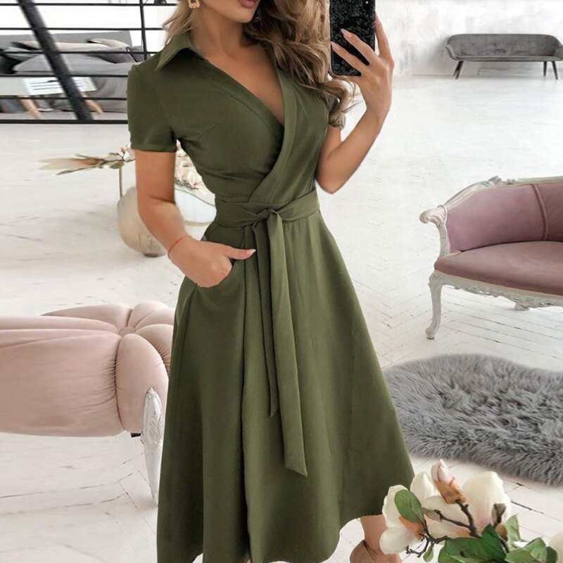 Asymmetric Off Shoulder Puff Sleeve Tie Waist Pocket A-Line Midi Dress - View 10